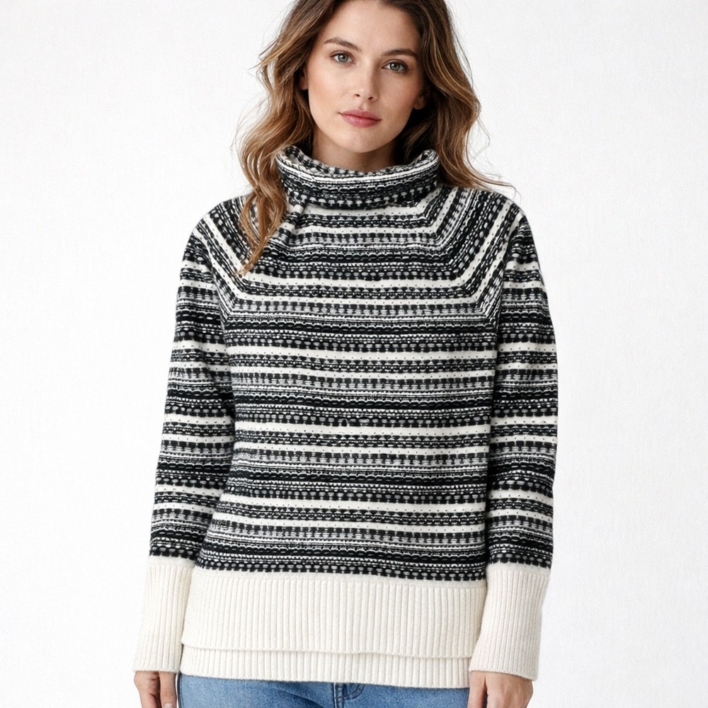 Talbots Fair Isle Nortic Black and White Striped Turtleneck Sweater M